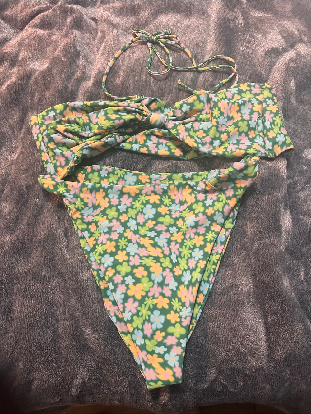Skatie Green Floral Bikini Set with Pink and Yellow Blooms